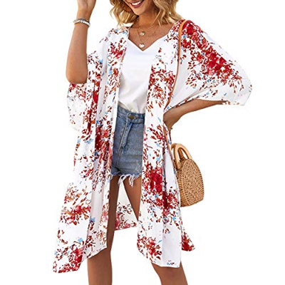Kimono largo floral o estampado, de gasa, para playa, diseño boho, parte delantera abierta, holgada, blusa verano para mujer Whitec. XL