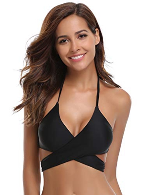 SHEKINI Bañadores de Mujer Criss Cross Bandage Bikini Mujer Acolchado Bra Bikini Trajes de baño Tops Bikini Mujer(Small, Negro-Tops de Bikini)
