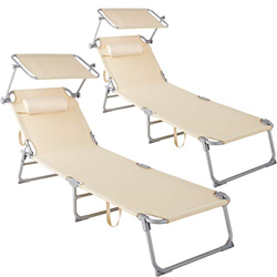 TecTake 800773 Set 2X Tumbona de Playa con Parasol, Respaldo Ajustable 4 Posiciones, Reposacabezas Extraíble, Exterior Piscina Terraza Jardín (Beige | en oferta