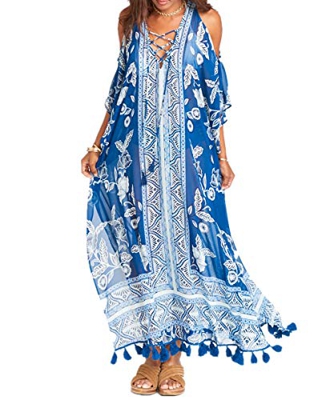 L-Peach Kaftan Vestido Largo de Playa para Mujer, Azul, Talla Ãºnica