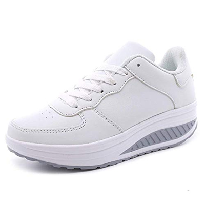 Mujer Zapatillas de Deporte Cuña Zapatos para Caminar Aptitud Plataforma Sneakers con Cordones Calzado de Tacón 4cm Blanco EU 38