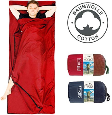 MIQIO 2 en 1 forro de algodón para saco de dormir y ligero tamaño XL para cama doble de viaje, color Rojo, cremallera derecha,