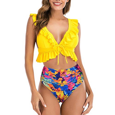 Conjunto de Bikini con Volantes Push up, 2 Piezas de Talle Alto, Cuello en V Profundo, Traje de baño de Playa Acolchado para Mujer (Amarillo, 2XL)