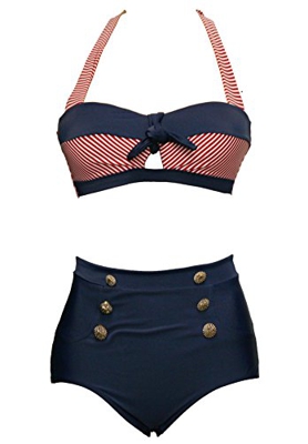 Bslingerie® - Conjunto de bikini para mujer Cerradura de rayas rojas. M