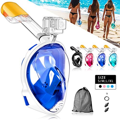 HINATAA Máscara de Buceo, 180°Panorámica Máscara de Snorkel de Cara, Anti-vaho Anti-Fuga,con Tapones con Tapones para los oídos Impermeables,GoPro Mou