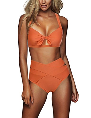 FeelinGirl Cruz Estilo Marino Dos Piezas Conjunto de Bikini para Mujer Traje de Baño Sexy Lazo-Naranja XL:Talla-44