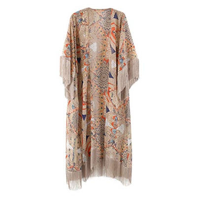 JAGETRADE Womens Summer Half Sleeve Chiffon Cardigan Boho Retro Geométrico Floral Impreso con Flecos Borlas Patchwork Bikini Cubrir hasta el Tobillo K