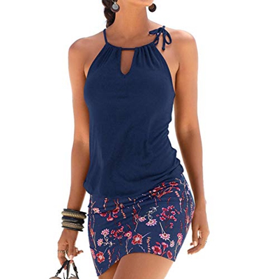 heekpek Vestido de Playa Corto Halter Estampado de Flores Bohemia Sin Mangas Casual