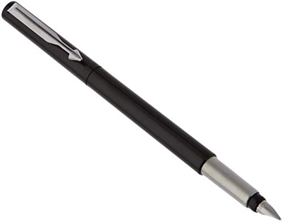 PARKER Vector pluma estilográfica, color negro con adorno cromado, plumín mediano, tinta azul, en blíster