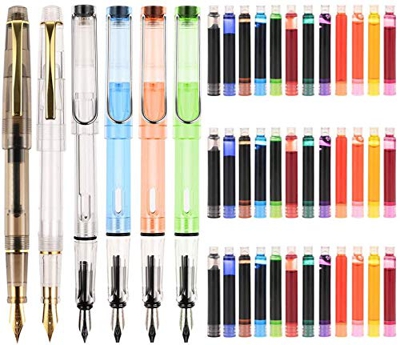 Goldge Pluma Estilográfica con 24 Cartuchos de Tinta，Pluma de escritura Perfecto Regalo para Niños y Adultos, Bolígrafos de Colores transparentes seis