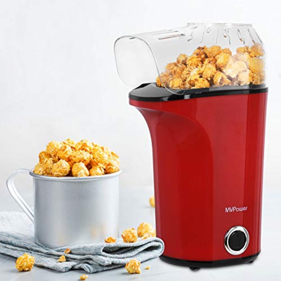 MVPower Máquina de Palomitas, 1400W, Gran Capacidad, Rápida, Fabricante Automática de Palomitas, Aire Caliente Potente sin Aceite, Rojo, sin BPA, para