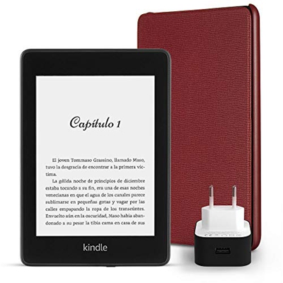Kit Esencial Kindle Paperwhite, incluye un e-reader Kindle Paperwhite, 8 GB, wifi, sin ofertas especiales, una funda Amazon de cuero en color burdeos 