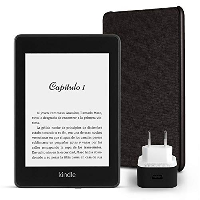 Kit Esencial Kindle Paperwhite, incluye un e-reader Kindle Paperwhite, 8 GB, wifi, con ofertas especiales, una funda Amazon de cuero en color negro y 