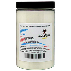 Sal para palomitas de maíz, Molida en Polvo. El ingrediente secreto del auténtico Pop-Corn del cine. Aroma y sabor mantequilla. Contenido: 500 gr. en oferta