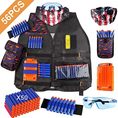 OFUN Táctico para Niños 56pcs, Chaleco Táctico para Pistolas Nerf N-Strike Elite + 50 Dardos + 1 Pañuelos Bandanas + 1 Protección Gafas + 1 Clips de l