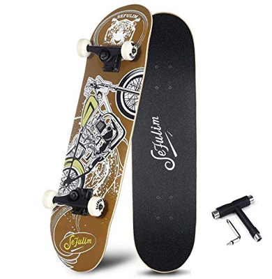Sefulim Skull Skateboard Complete 31x8 Inches Double Kick Trick Skateboards Cruiser Penny Beginners Longboard with Maple Deck Adult Boys Also Girls Sk