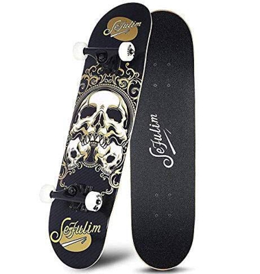 sefulim Skull Skateboard Complete 31x8 Inches Double Kick Trick Skateboards Cruiser Penny Beginners Longboard with Maple Deck Adult Boys Also Girls Sk