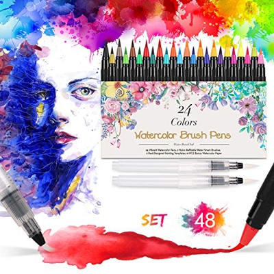 Rotuladores Acuarelables, Bolígrafos de Pincel de Acuarela, Lápices de Acuarela para Colorear (24 de Acuarela + 2 de Agua) 6 Plantillas de Patrón 16 P