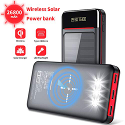 Aikove Batería Externa 26800mAh Cargador Portátil Móvil Inalámbrico, Solar Power Bank con 2 Entrada(USB C&Micro) y 3 Puertos, Linterna LED y LCD, Ultr precio