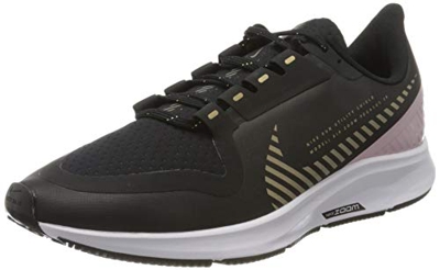 Nike W Air Zoom Peg Shield, Zapatillas para Correr para Mujer, Dk Smoke Grey/Metallic Gold/White/Plum Chalk/Black, 36 EU
