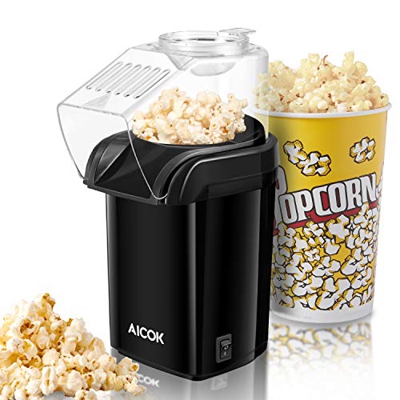 AICOK Palomitero, 1200W Rápida Máquina de Palomitas, Aire Caliente Sin Aceita, Tapa Removible, y Libre de BPA, Negro