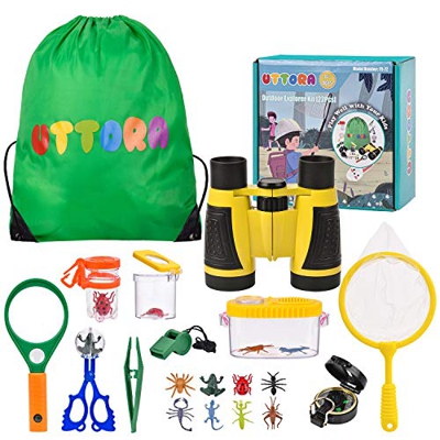 Kit de Exploración para Niños 22 en 1, Juego de Explorador para Niños para Niños UTTORA Prismáticos/Binoculares, Silbato, Brújula, Lupa, 6 Arañas Plas