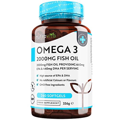 Omega 3 (2000 mg) - 660 mg de EPA y 440 mg de DHA - 240 Capsulas de Gel Suave de Aceite de Pescado Puro (Suministro para 4 meses) - Hecho en el Reino 