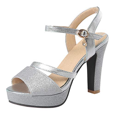 ELEEMEE Mujer Moda Zapatos Verano Tacon Ancho Sandalias Correa de Tobillo Peep Toe Plataforma Partido Zapatos Resplandecer Silver Size 39 Asiática