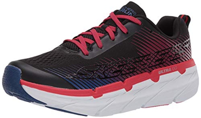 Skechers MAX Cushioning Premier, Zapatillas para Hombre, Negro (Black Textile/Red Synthetic/Blue Trim Bkwr), 43.5 EU