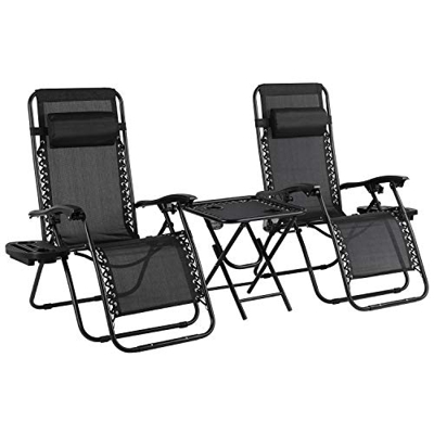 MVPower Juego de 3 Tumbonas Plegables con Mesa, Soporte para Bebidas, Mecedoras Jardín para exterior con Almohadilla Ajustable para la Cabeza, Ergonóm