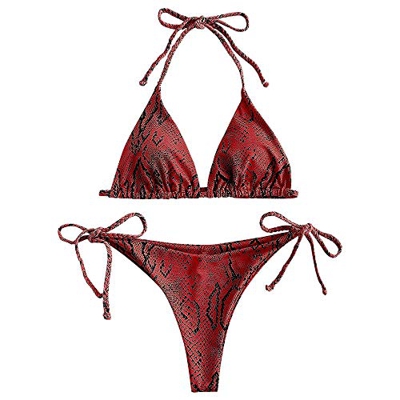 Zaful - Bikini para mujer con estampado de snake y tanga, de piel de serpiente rojo M