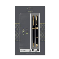 Parker Sonnet set de regalo doble con bolígrafo y pluma estilográfica (plumín de oro macizo de 18 K), negro brillante con adorno dorado, cartuchos y r en oferta