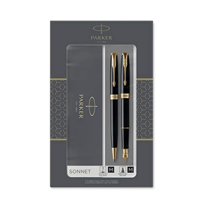 Parker Sonnet set de regalo doble con bolígrafo y pluma estilográfica (plumín de oro macizo de 18 K), negro brillante con adorno dorado, cartuchos y r