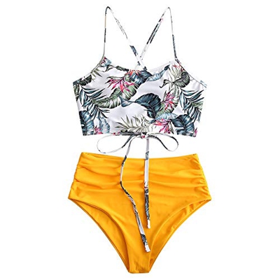ZAFUL - Bikini de dos piezas para mujer, acolchado, con diseño de hojas y cordones amarillo-2 L