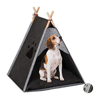 Relaxdays Tipi para Perros, Casita, Cama Gato, Tienda, Cojín, 1 Ud, Fieltro-Madera, 70,5 x 59,5 x 59 cm, Gris Oscuro