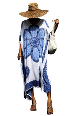 Vestido Largo Verano Mujer Bohemio Maxi Dress Estampado Africano Indio Kaftan Ropa Piscina Playa Camisolas y Pareos Traje de Baño Bikini Cover Up Beac
