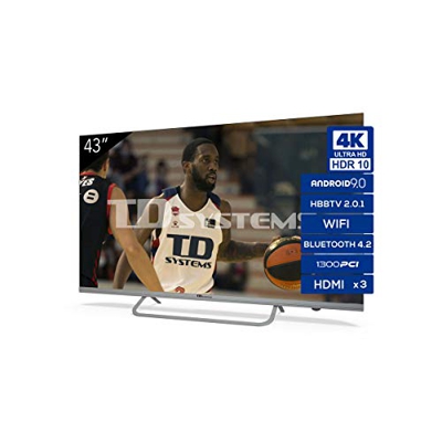 TD Systems Televisor 4K Smart TV Android 9.0 y HBBTV, 1300 PCI Hz UHD HDR, 3X HDMI, 2X USB. DVB-T2/C/S2, Modo Hotel - K43DLX11HS [Clase de eficiencia