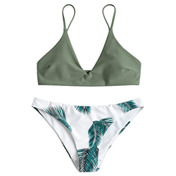 Zaful Bikini acolchado push-up para mujer con diseño de hojas camuflaje verde. L precio