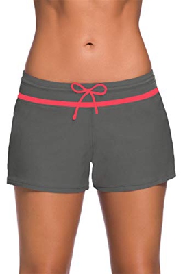 Kfnire Bañador Short Mujer, Deportivo Pantalones Cortos de Natación con cordón Ajustable Estilo con Panty Liner Plus Talla S - 3XL (S, Gris + Rojo)