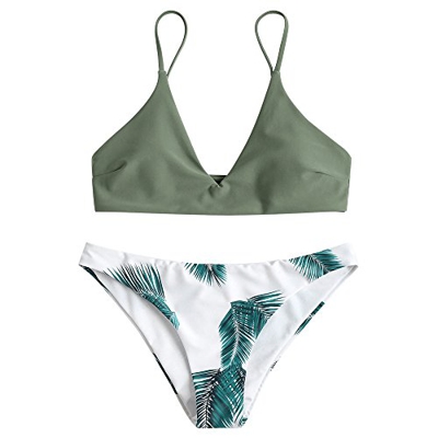 Zaful Bikini acolchado push-up para mujer con diseño de hojas camuflaje verde. M