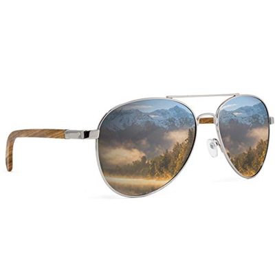 glozzi Gafas de sol de madera polarizadas para hombres y mujeres Aviator UV 400 Categoría 3 con estuche - Zebrano