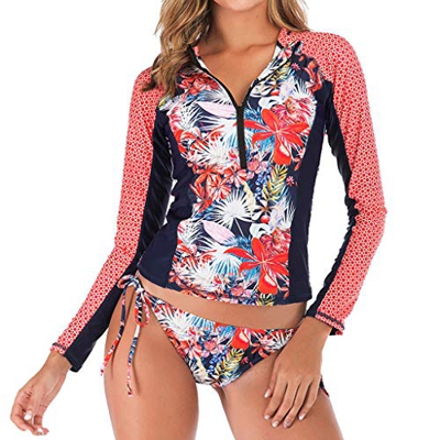 RISTHY Mujeres Traje de Manga Larga Rashguard UV Protección Estampado Camiseta Bañador para Buceo Natación Surf 2 Piezas Conjuntos Trajes de Baño para