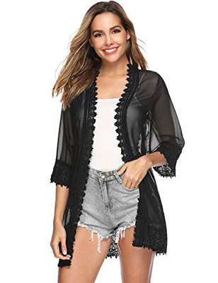 Aibrou Mujer Gasa Cordón Cardigans Tops de Manga 3/4 Ligero Suave Suelto Blusa Capas de Estilo Boho Casual Bikini Cover-Ups Sarongs
