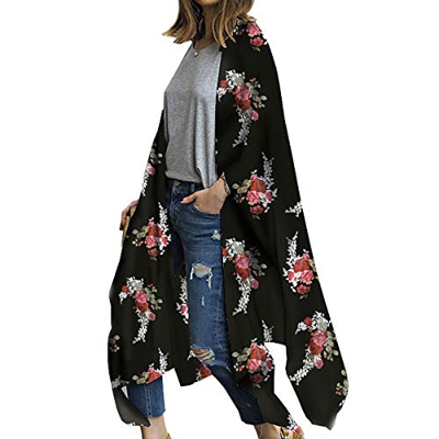 Kimono largo floral o estampado, de gasa, para playa, diseño boho, parte delantera abierta, holgada, blusa verano para mujer Negro Negro ( XL