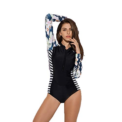 Beachkini Mujer Surf Ropa Una Pieza Traje de Baño Manga Larga Bañador Rashguard (L, Noir 9014)