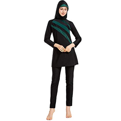Grsafety Mujeres Musulmanas Traje de baño - 3 Piezas Modeste Burkini Completa Muslim Swimwear con Hijab Burqini Beachwear Tankini, Negro-Verde, XL