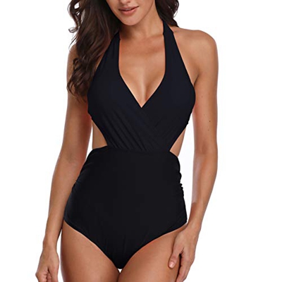Mujer V-Cuello Trajes de baño Halter Una Pieza Push-up Acolchado Bra una Pieza Negro M (EU 36-38)