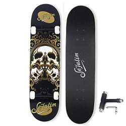 sefulim Skateboard Completo Niños Y Adultos Monopatin Negro con 7 Capas De Madera De Arce Canadiense Longboard Cruiser Cráneo con Los Rodamientos características