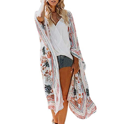 Cardigans Mujer Kimono 2019 Nuevo SHOBDW Pareos Manga Larga Cardigans Mujer Flores Boho Gasa Chal Playa de Verano Cardigans Mujer Largo Suelto Tops Bl