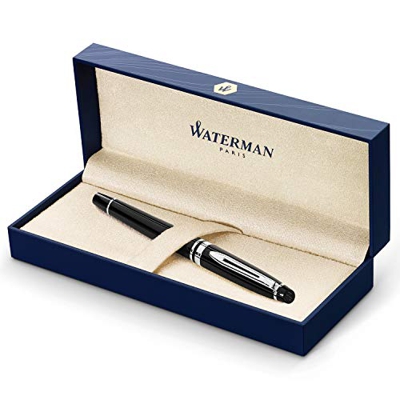 Waterman Expert pluma estilográfica, brillante con adorno cromado, plumín mediano con cartucho de tinta azul, estuche de regalo, color negro